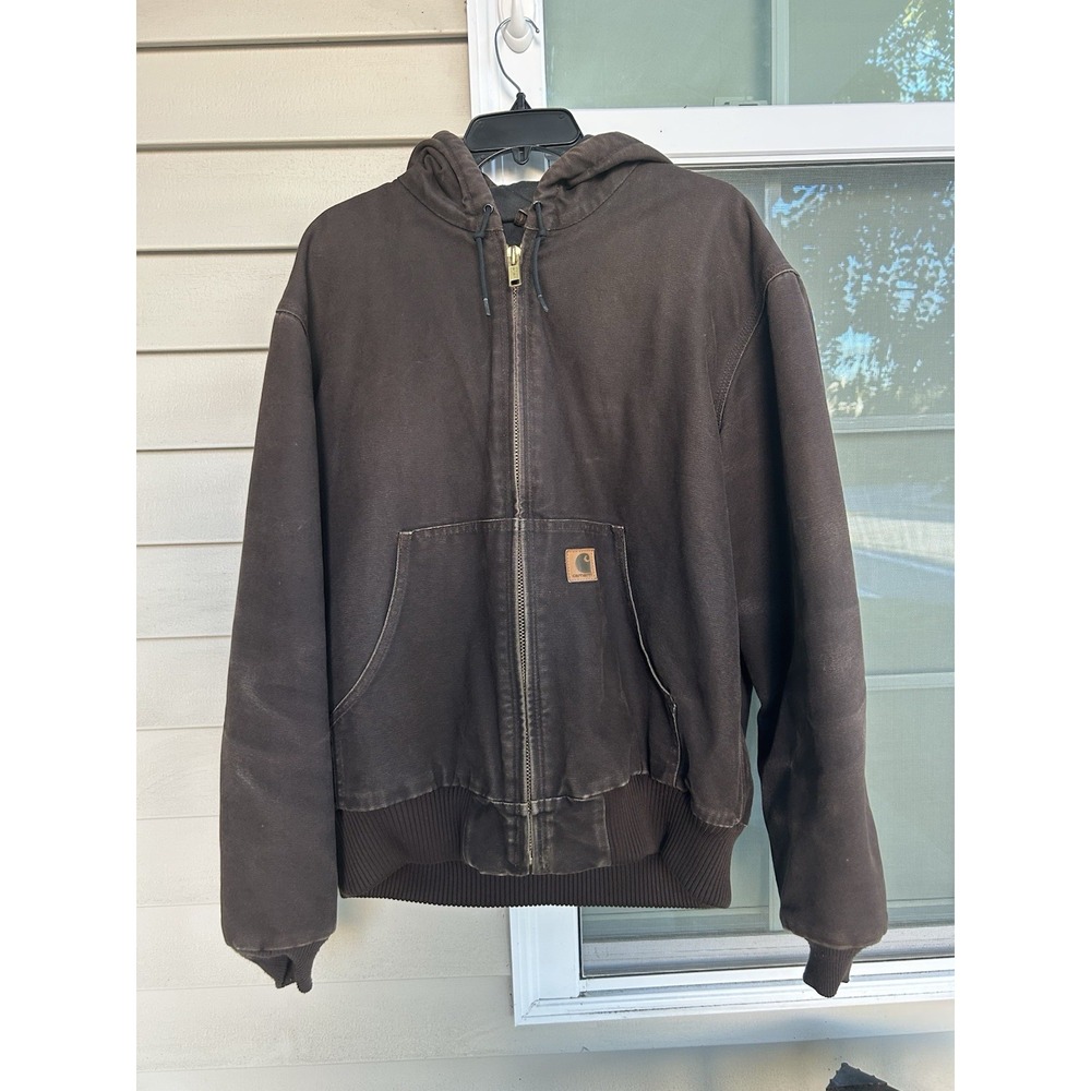 Carhartt J130 DKB Dark Brown Faded Canvas Active Jacket Hoodie Mens L Regular